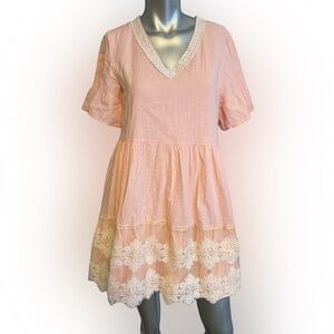 FancyInn blush Elegant Pink Lace Trim boho fairy babydoll fully lined Dress. Sml